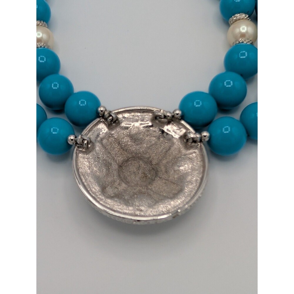 Vintage Necklace 18” Double Strand Beaded Turquoise Lucite Faux Pearl Medallion image 7